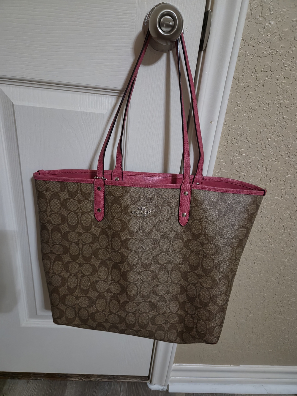 Coach Brown Signature Canvas Tote with Pink Trim and Handles
